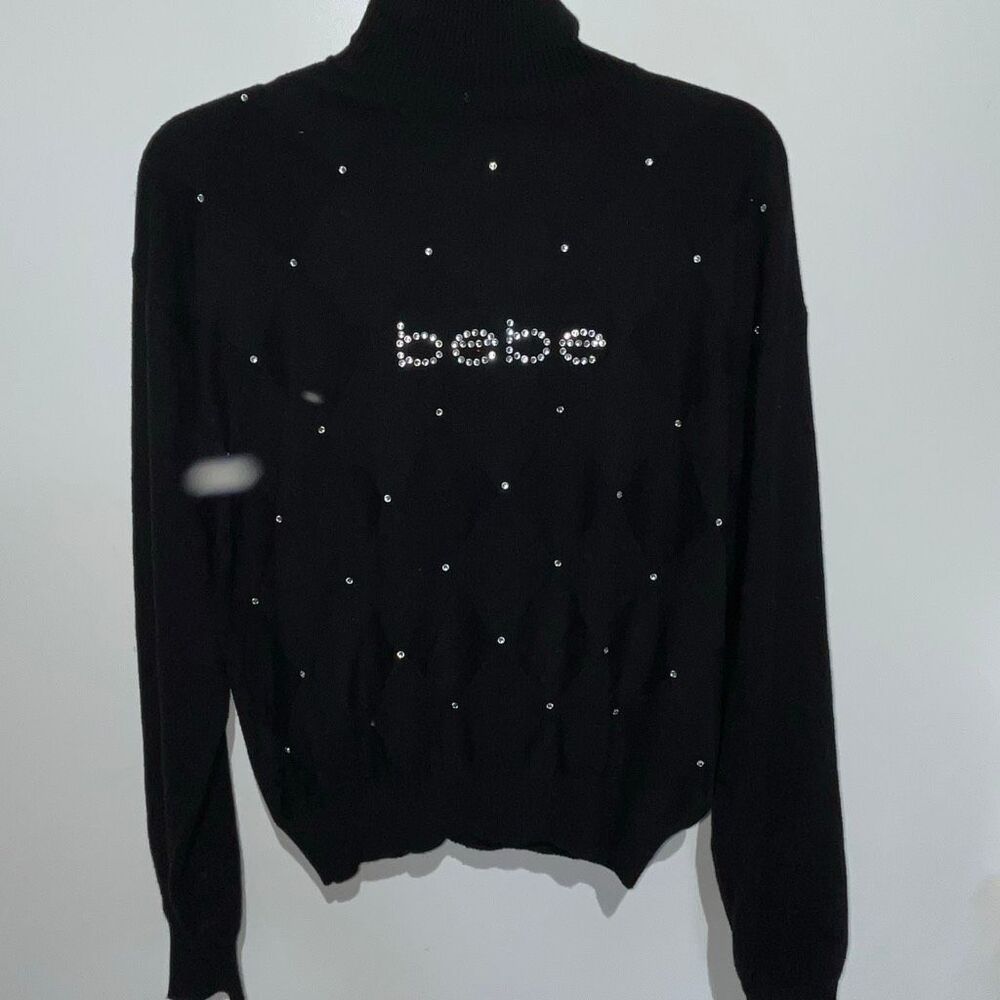 Bebe‎ Women's Black Rhinestone Logo Turtle Neck Knit Pullover Sweater Medium